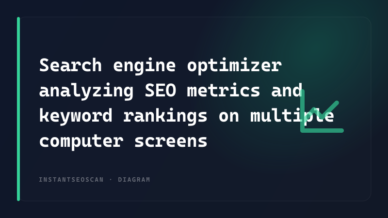Search engine optimizer analyzing SEO metrics and keyword rankings on multiple computer screens
