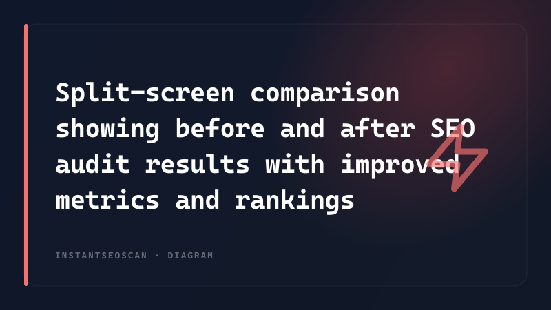 Split-screen comparison showing before and after SEO audit results with improved metrics and rankings